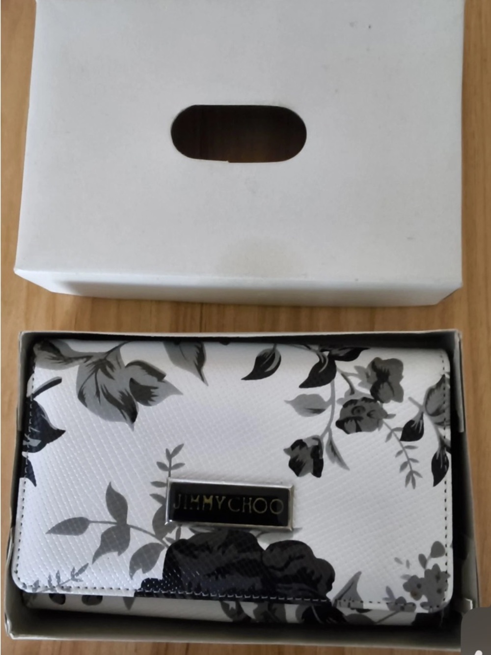 Jimmy Choo White Wallet with Black & Gray Floral Print limited edition EUC